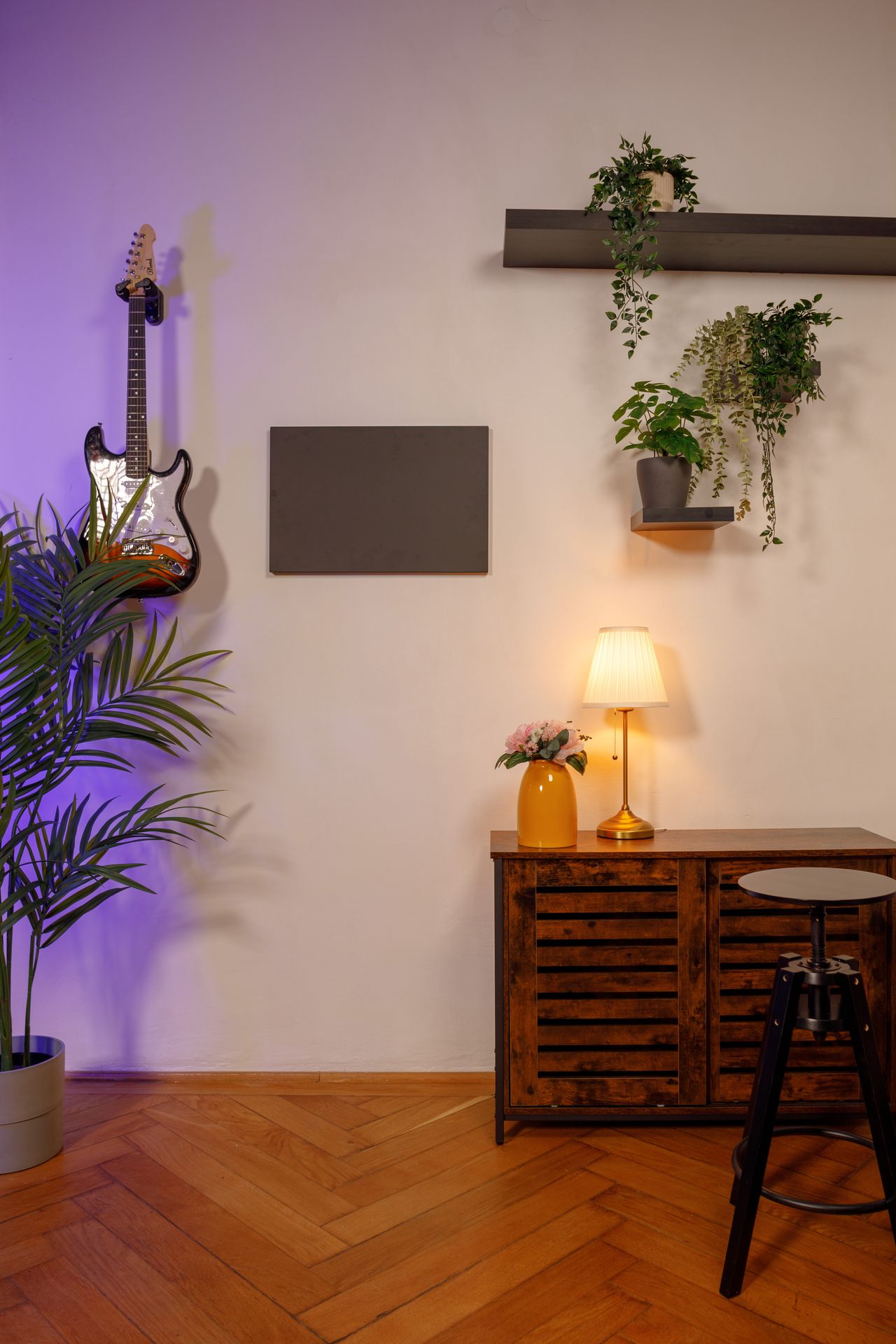 Studio – kytara, rostliny a designové prvky